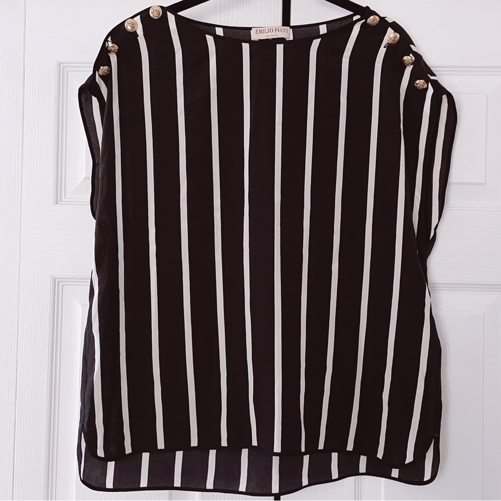 Emilio Pucci Black Stripe Silk Blouse Logo Buttons 40 10